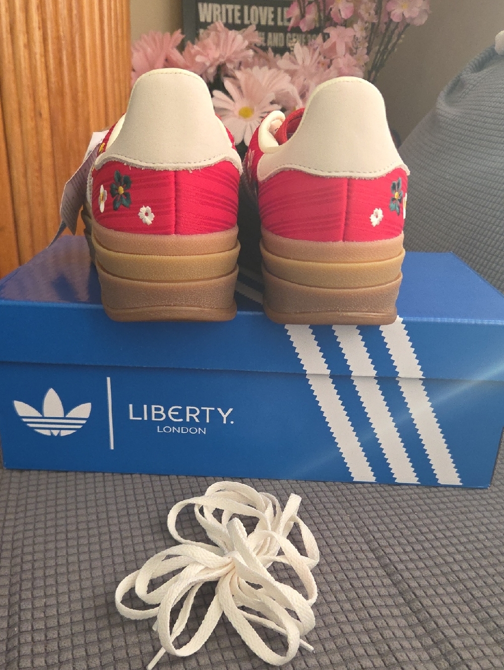 Adidas Liberty London,Red Floral Gazelle Sneakers with White Stripes - Picture 5 of 7